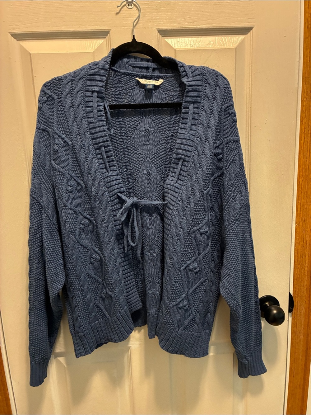 American Eagle Outfitters Dusty Blue Cable-Knit Tie Cardigan